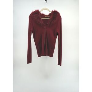 Bellidini Faux Fur Collar Zip Up Ribbed Cardigan Y2K Mobwife Burgundy L